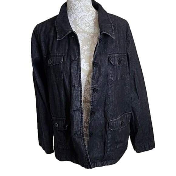 Denim & Co. Jean Jacket Black Barn Coat Trucker Pockets Women's Large - Picture 1 of 5